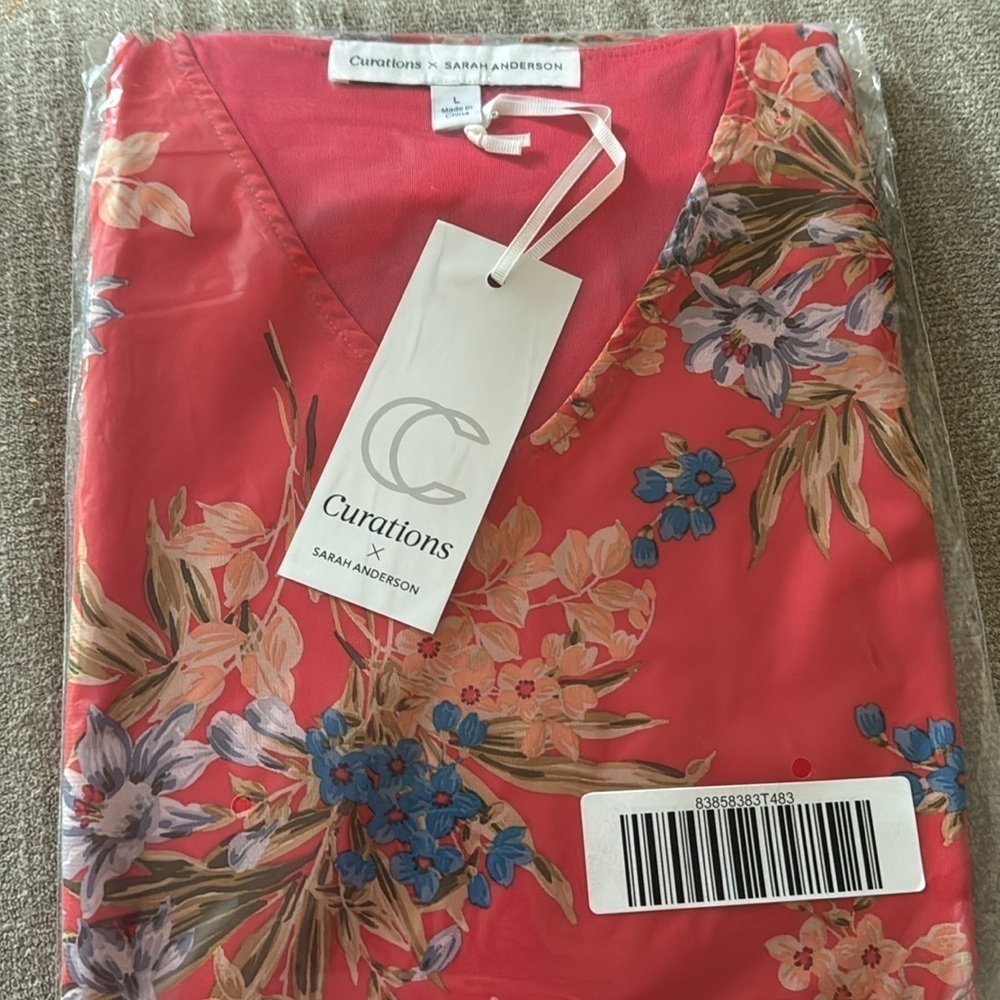 Curations X Sarah Anderson Red Floral Cap Sleeve Ruffle V Neck Blouse Large - Picture 3 of 3